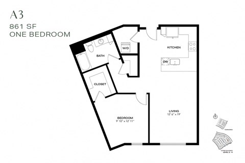 Floor plan for 1 bed, 1 bath, 861 sqft